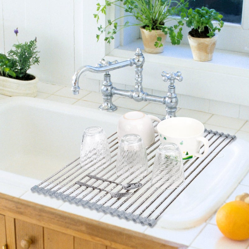 Hhyn Roll-Up Sink Drying Rack 17.7"(L) x 13.8"(W) - Multipurpose Heat Resistant Over The Stainless Steel & Silicone Dish Rollable Kitchen Drainer, Gray - Image 2
